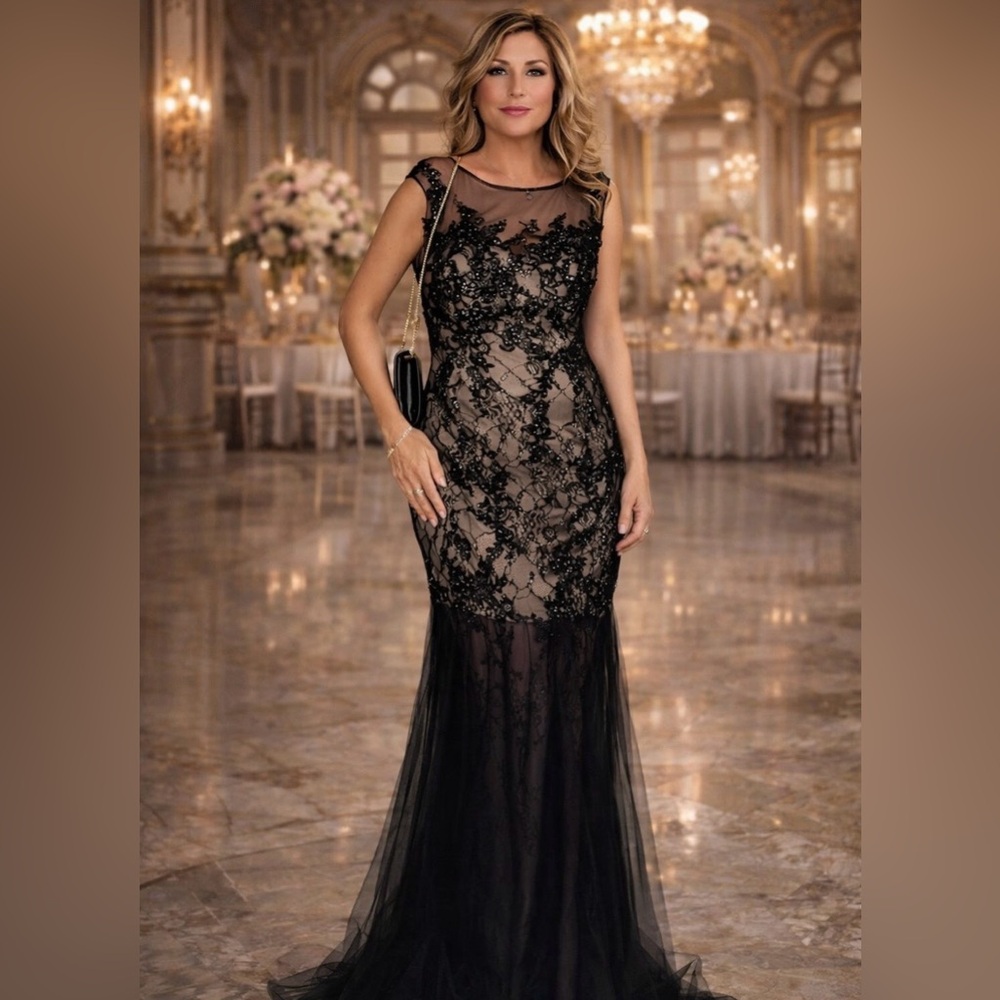 Colors Dress Black Lace Illusion Mermaid Gown Size 10 Formal Evening Dress